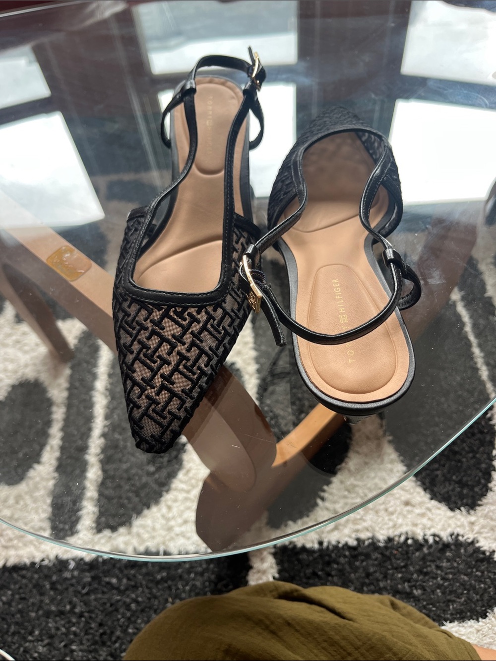 Tommy Hilfiger Black Pointed-Toe Slingback Flats with Monogram Mesh